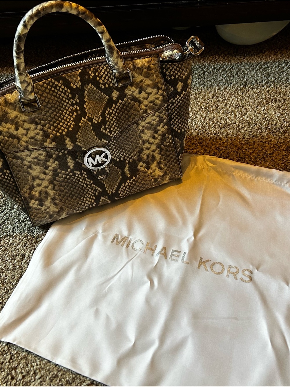 Michael Kors Brown Snake-Print Satchel with Silver MK Logo
